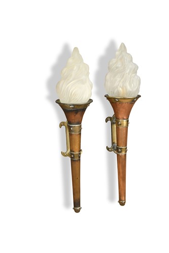 Lot 245 - A pair of copper and brass flaming torch wall lights