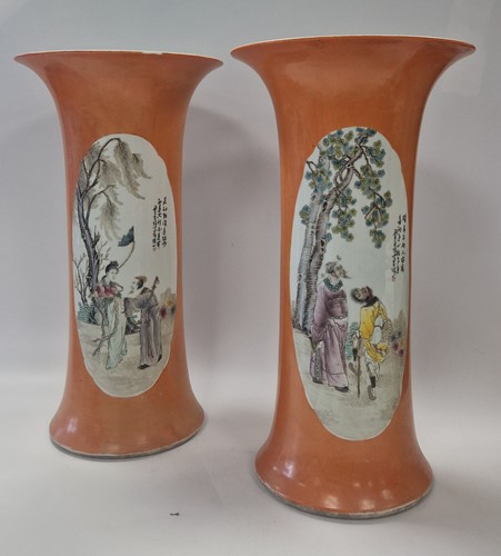 Lot 48 - A pair of large Chinese porcelain cylindrical vases, Republic Period