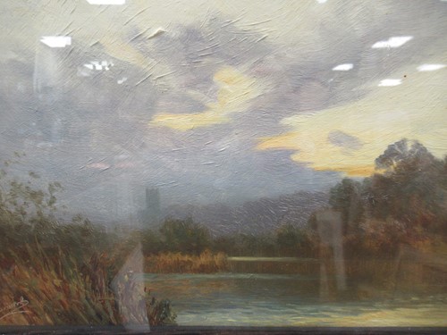 Lot 467 - Tom Yarwood, landscape at dusk, oil on board...
