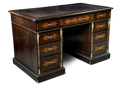 Lot 357 - A Victorian Aesthetic Movement ebonised and boxwood inlaid twin pedestal desk