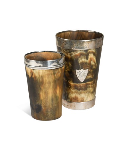 Lot 421 - Two silver mounted horn beakers