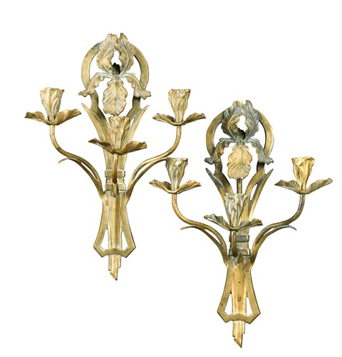 Lot 458 - A pair of gilt metal three-branch wall lights, 20th century