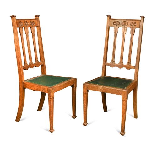 Lot 182 - A pair of Arts & Crafts oak side chairs, retailed by Jas Shoolbred
