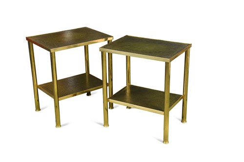 Lot 281 - A pair of leather inset brass two-tier lamp tables