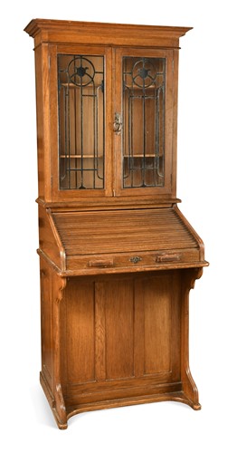 Lot 201 - An Arts & Crafts oak roll-top bureau bookcase by Lebus