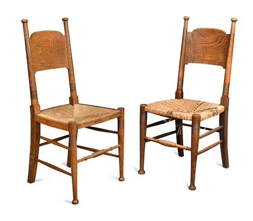 Lot 184 - Attributed to E. G. Punnett for William Birch, a near pair of oak and elm side chairs