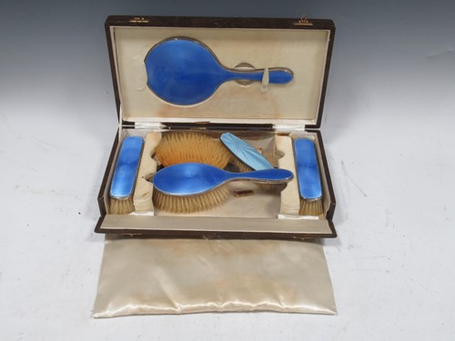 Lot 405 - Silver and enamelled hairbrush set, boxed