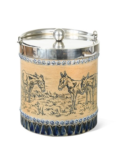 Lot 35 - Florence Barlow for Doulton Lambeth, a stoneware biscuit jar and cover, 1877