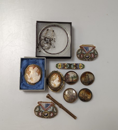 Lot 356 - Two cameo brooches, a mosaic belt buckle, a...