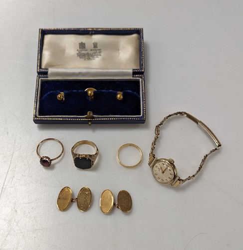 Lot 334 - An 18ct gold wedding ring, 2.4g, a pair of 9ct...