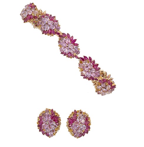 Lot 297 - A pink sapphire, yellow sapphire and ruby bracelet, together with a pair of ear clips