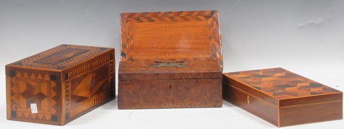 Lot 32 - Three parquetry boxes and a burr walnut box,...