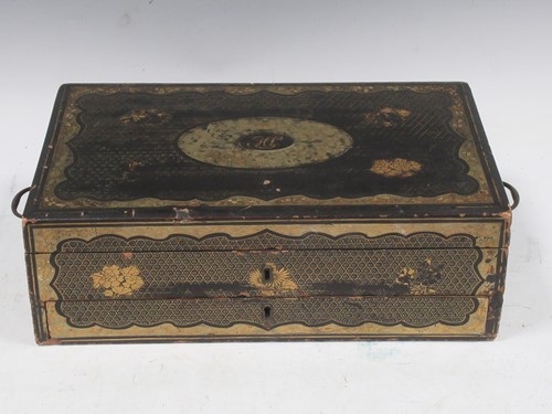Lot 254 - A Regency black lacquered work box with hinged...