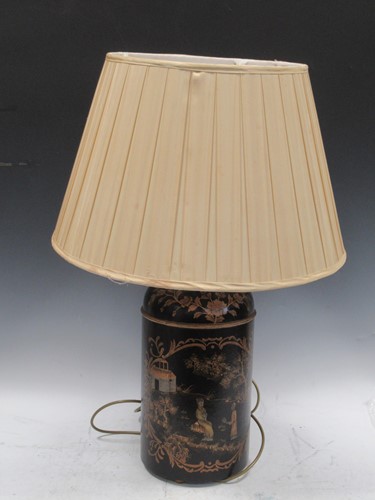 Lot 291 - A black chinoiserie toleware lamp, in the form...
