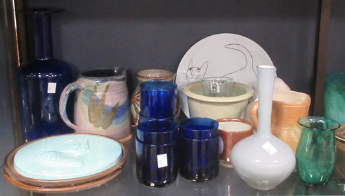 Lot 77 - Three shelves of art glass, pottery and studio...
