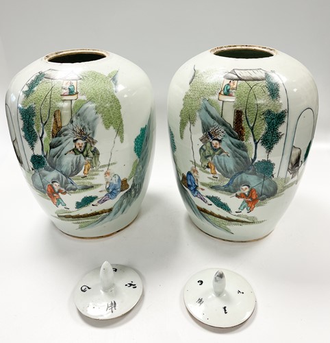 Lot 45 - A pair of Chinese porcelain ovoid vases and covers, Republic Period
