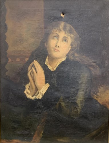 Lot 300 - An oil painting of a girl praying, signed V....