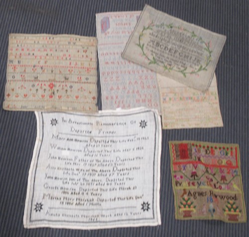 Lot 165 - Textile group: Six unframed samplers, the...