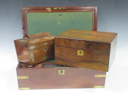 Lot 157 - A mahogany and brass bound writing slope with...