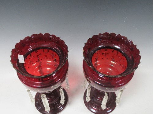 Lot 2 - A pair of ruby glass lustres, 28cm high
