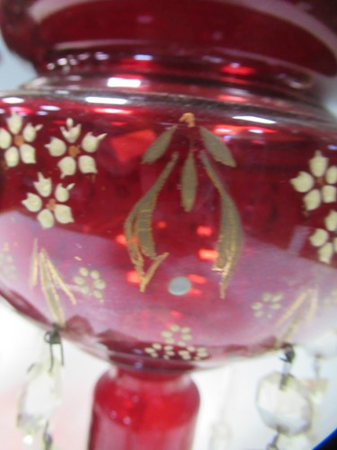 Lot 2 - A pair of ruby glass lustres, 28cm high