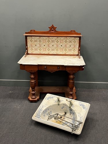 Lot 675 - A Victorian marble topped tile back wash stand,...