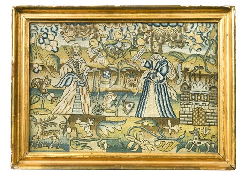 Lot 455 - A needlework panel, late 17th or early 18th century