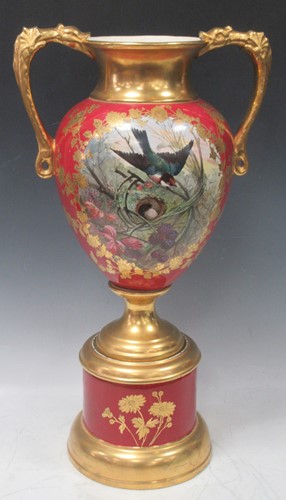 Lot 107 - A Victorian hand painted twin handled vase on...