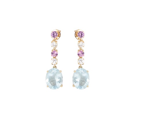 Lot 162 - A pair of aquamarine, pink sapphire and diamond set ear pendants