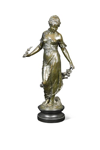 Lot 787 - Auguste Louis Mathurin Moreau, (1834-1917), a patinated bronze model of a flower girl