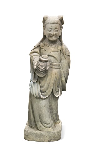 Lot 211 - A Chinese carved stone large standing figure of a maiden, perhaps Guanyin, late Qing Dynasty
