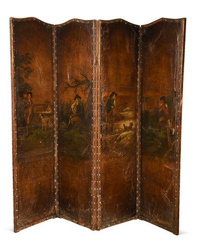 Lot 635 - A four-fold leather screen, 19th century