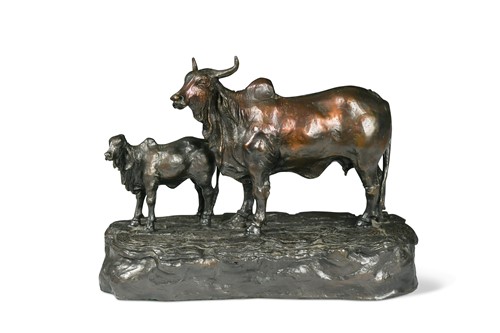 Lot 594 - Eddie Hackman (Australian, b. 1933), a bronze model of an Indian cow and calf