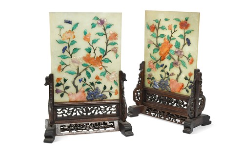 Lot 218 - A pair of Chinese hardstone inlaid jade table screens, late Qing Dynasty
