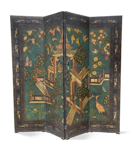 Lot 686 - A chinoiserie painted four fold leather screen, late 19th century