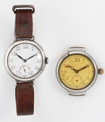 Lot 261 - Longines - A silver 'trench' style wristwatch together with another with a Borgel case