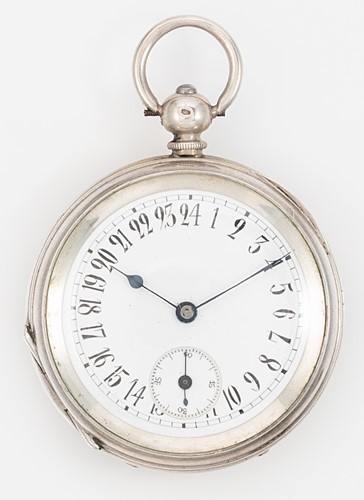 Lot 192 - Unsigned - A Swiss silver open faced pocket watch with unusual 24 hour dial