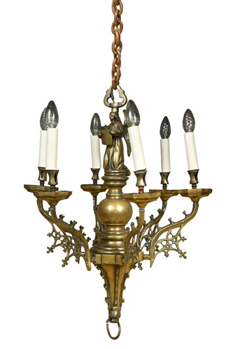 Lot 131 - A reformed gothic brass ceiling chandelier, early 20th century