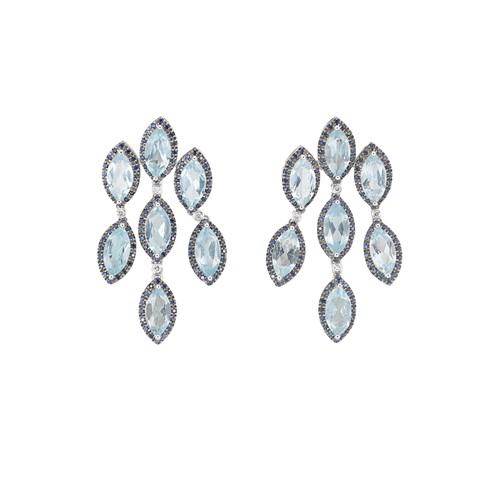 Lot 160 - A pair of aquamarine, sapphire and diamond chandelier style ear pendants