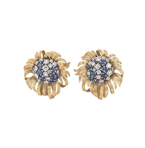 Lot 167 - A pair of sapphire and diamond chrysanthemum ear studs