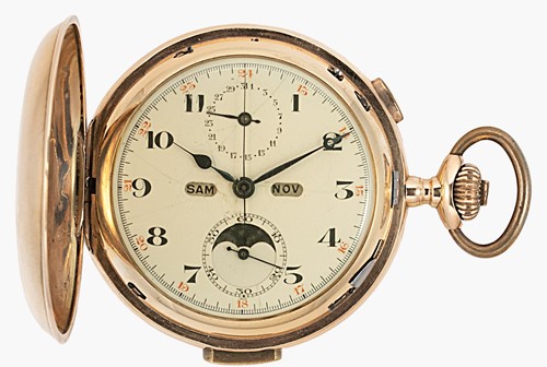 Lot 238 - Unsigned - A triple calendar and moonphase quarter repeating chronograph hunter pocket watch