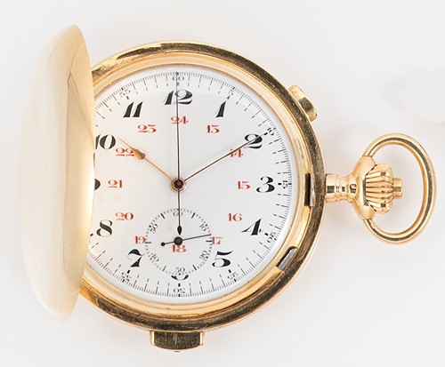 Lot 239 - Unsigned - A Swiss 18ct gold minute repeating chronograph hunter pocket watch