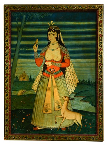 Lot 40 - A Qajar School painting of a lady in a landscape