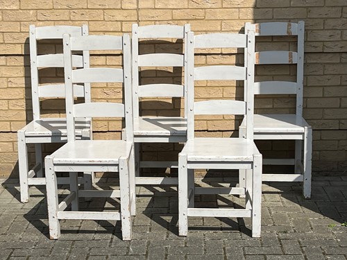 Lot 373 - A set of five grey painted ladder back dining...
