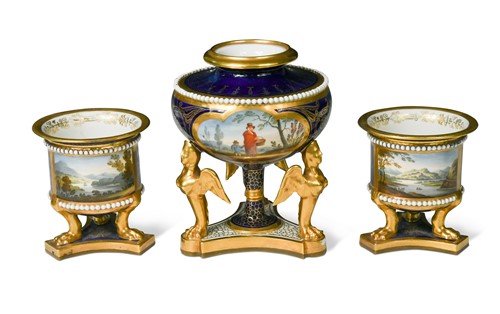 Lot 21 - A pair of Flight Barr & Barr Worcester porcelain named view tripod urns, circa 1825