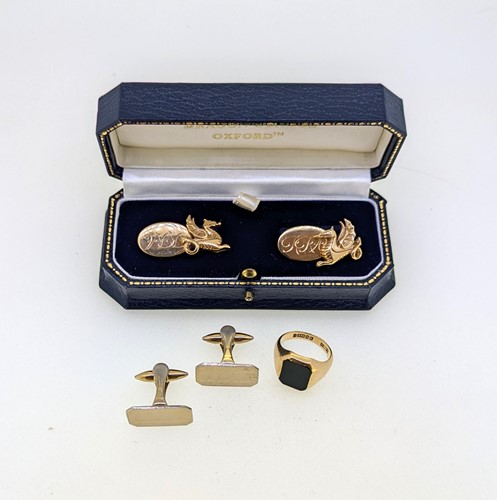 Lot 408 - A hallmarked 9ct gold signet ring, and a pair...