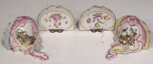 Lot 192 - Two pairs of Dresden ceramic wall brackets,...
