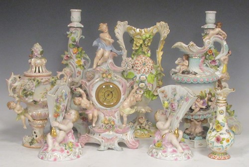 Lot 204 - Dresden style floral encrusted candlesticks,...