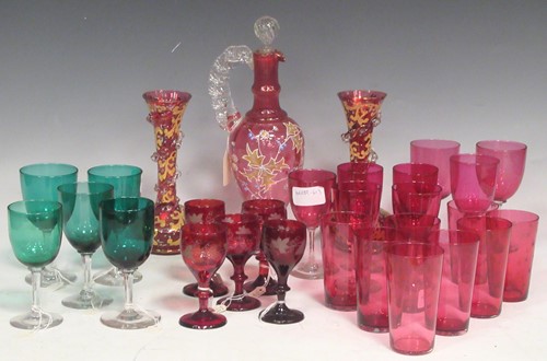Lot 181 - A pair of Victorian cranberry glass vases and...