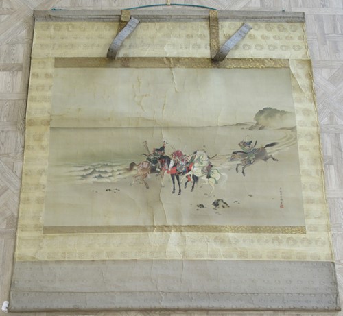 Lot 254 - A Japanese paper backed painted silk wall...
